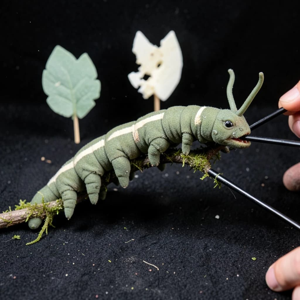 Macro photography of a practical effects test on a soundstage floor. A metre-long animatronic caterpillar puppet, dull green with a cream stripe, arched over a moss-covered branch: eight pairs of stubby legs, the front three pairs gripping the branch, the rest hanging free. Two thin black rods run out of frame to the right where a puppeteer's hands are just visible, and a third rod supports the head, which is turned toward camera with its mandibles open. Behind it, three sprayed foam leaves on stands, the middle one already chewed through. Hard key from above, black felt background, dust in the air.