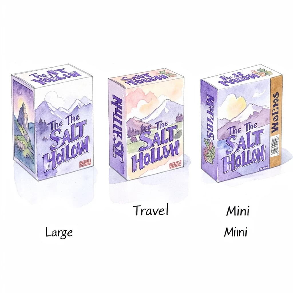 Watercolor of the same board-game box drawn in three editions, captioned "Large", "Travel" and "Mini", every edition carrying the wordmark "The Salt Hollow" in the same purple-and-white coloring, only the box size changing.