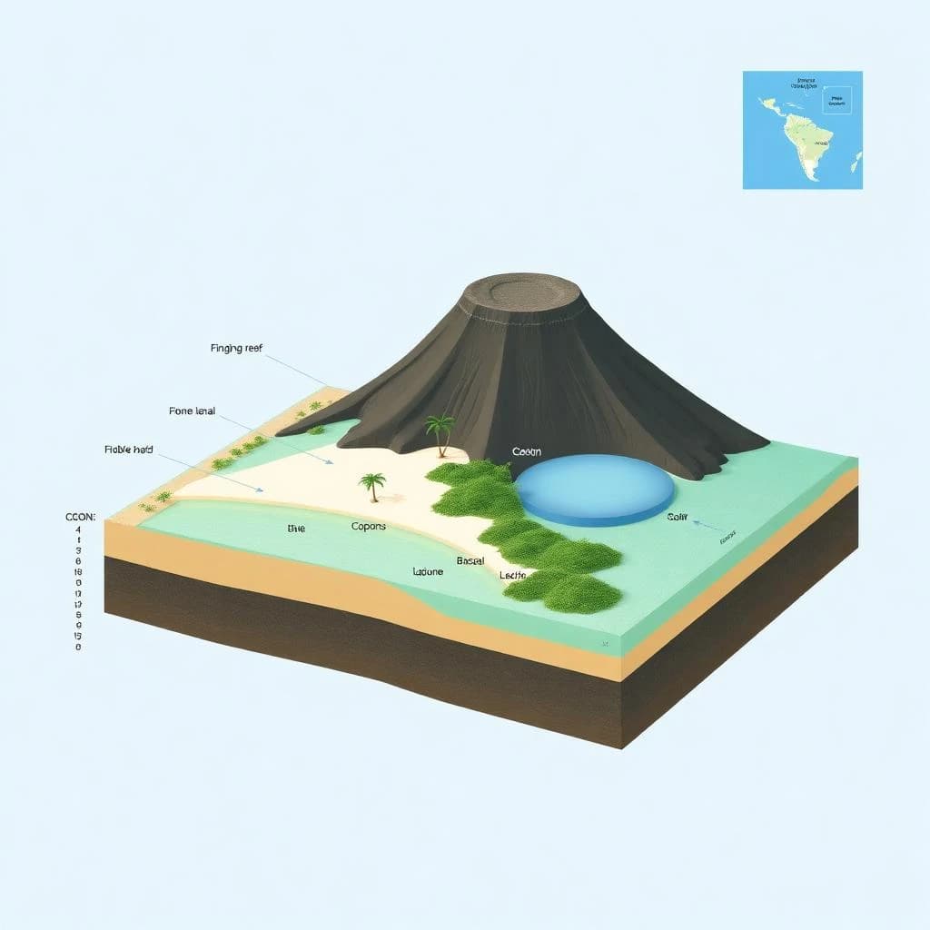 Cross section of a volcanic tropical island as a flat academic figure with clean colour blocks and a horizontal sea level line. Reading from the ocean on the left toward the right: a fringing reef crest, a shallow lagoon holding three coral heads, a white sand beach, a coconut palm belt of five trees, then a rising basalt cone with two lava layers picked out in darker grey, and a freshwater lens drawn as a pale blue dome under the middle of the island. Below sea level the flanks drop in three stepped terraces to a flat deep floor. Eight leader line labels, a depth scale down the left edge, and a small locator inset in the top right.
