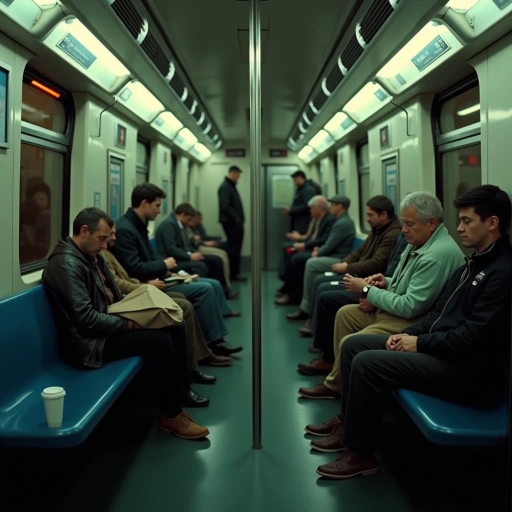 Cinematic photograph inside a late night subway car, handheld, lit only by flickering ceiling strips and orange platform light sliding past the windows. Nine passengers down the car: the three on the left bench all sleep with heads tipped at different angles, the four on the right bench are awake, one folding a paper bag, one holding a bike wheel upright between his knees, one wrapping her own wrist in tape, one staring straight into the lens. Two more stand at the far doors gripping the same pole with a violin case wedged between them. An empty seat beside the nearest sleeper, a coffee cup rolling under it.