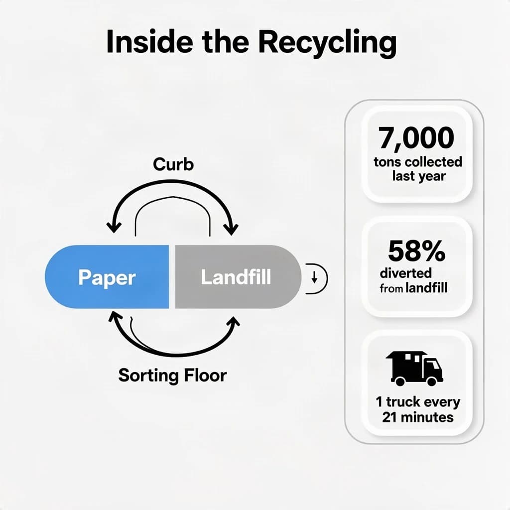 Flat infographic titled "Inside the Recycling": at the center a flow chart from curb to sorting floor, carrying two keyed regions, "Paper" shaded blue and "Landfill" shaded gray, beside a right column of three stat chips reading "7,000 tons collected last year", "58% diverted from landfill" and "1 truck every 21 minutes".