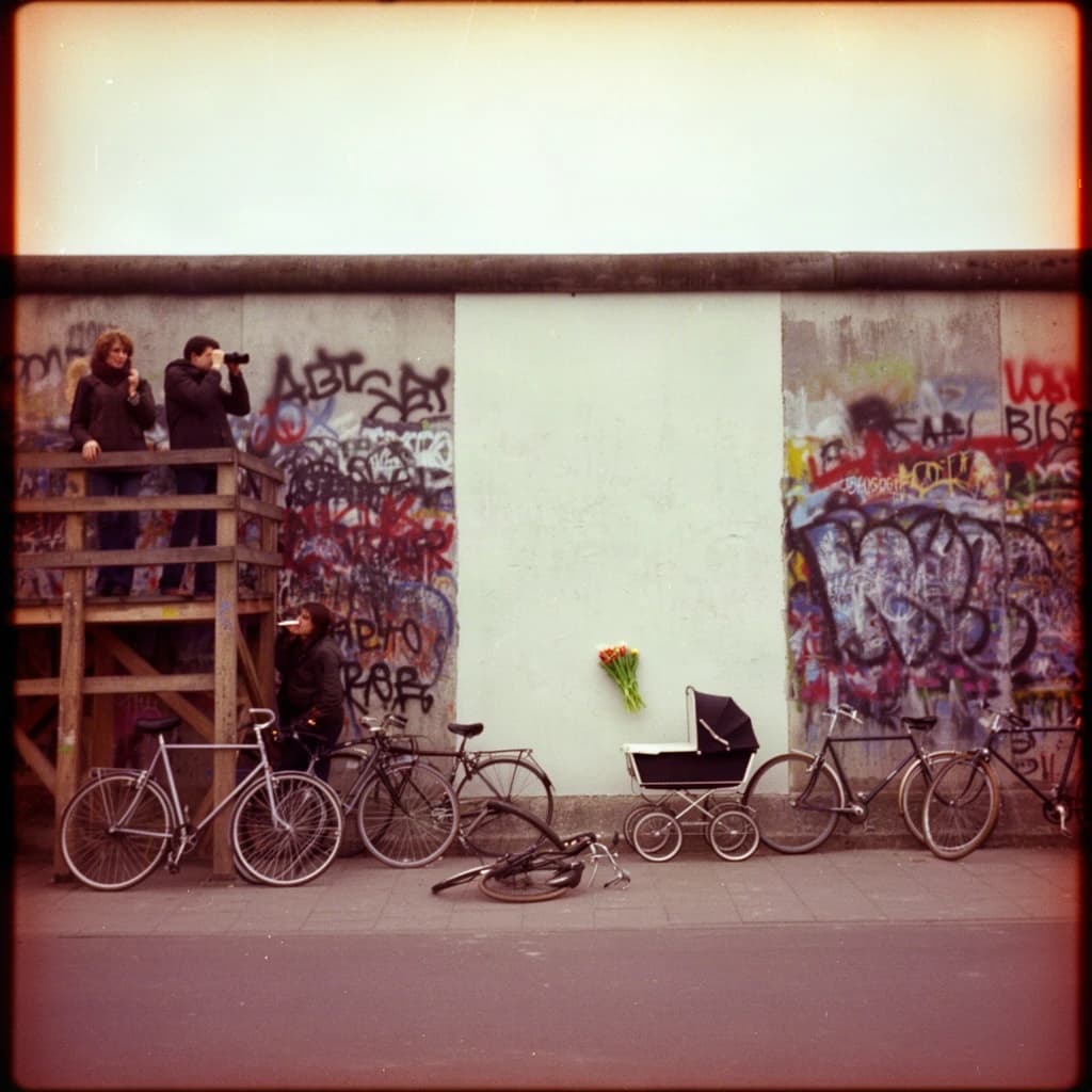 Shot on 1970s Kodachrome era color film, warm grain and slightly faded reds. A stretch of the Berlin Wall on a grey afternoon, covered in overlapping graffiti with one clean unpainted panel in the middle. Three people stand on a wooden viewing platform at the left, two of them looking over the top through binoculars while the third has turned back toward the camera with a cigarette. Four bicycles lean along the base of the wall, three upright and one fallen on its side. A pram is parked below the clean panel with a small bunch of tulips wedged into a crack above it. No cars in the frame.