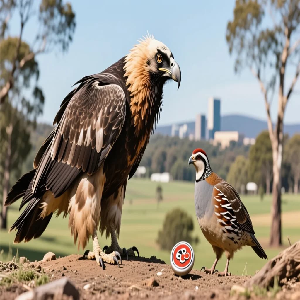Bearded Vulture and Button Quail in Canberra, Australia in the style of neoclassical