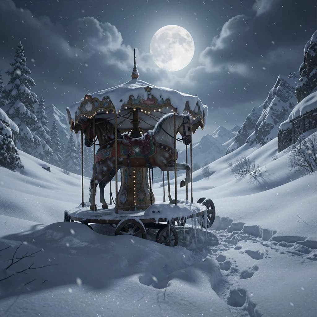 single carousel horse in deep snow, moonlight