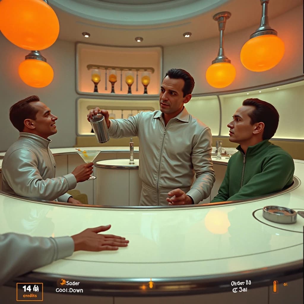 In-game screenshot from a lounge sim aboard an orbital hotel, all curved white plastic, orange bubble lamps and chrome trim in nineteen sixties Space Age design. A four-armed bartender shakes a tin with two arms while pouring a margarita with a third and sliding a coaster across with the fourth. Three customers at the bar: the one in a silver jumpsuit holds a salt-rimmed margarita, the one in green holds nothing, the one in a bubble helmet is asleep on folded arms. Behind them a rack holds nine coupe glasses, the five on the upper shelf frosted, the four below clear. Bottom-left interface: a tip counter reading "142 credits", a shaker cooldown ring, and a chip reading "Order 3 of 8".