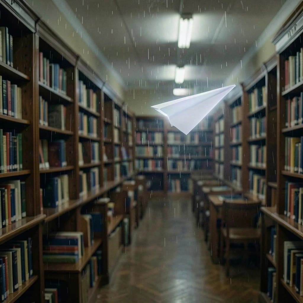 The quiet second when a paper airplane picks up a soft edge highlight, in a quiet library, after a light rain shower.