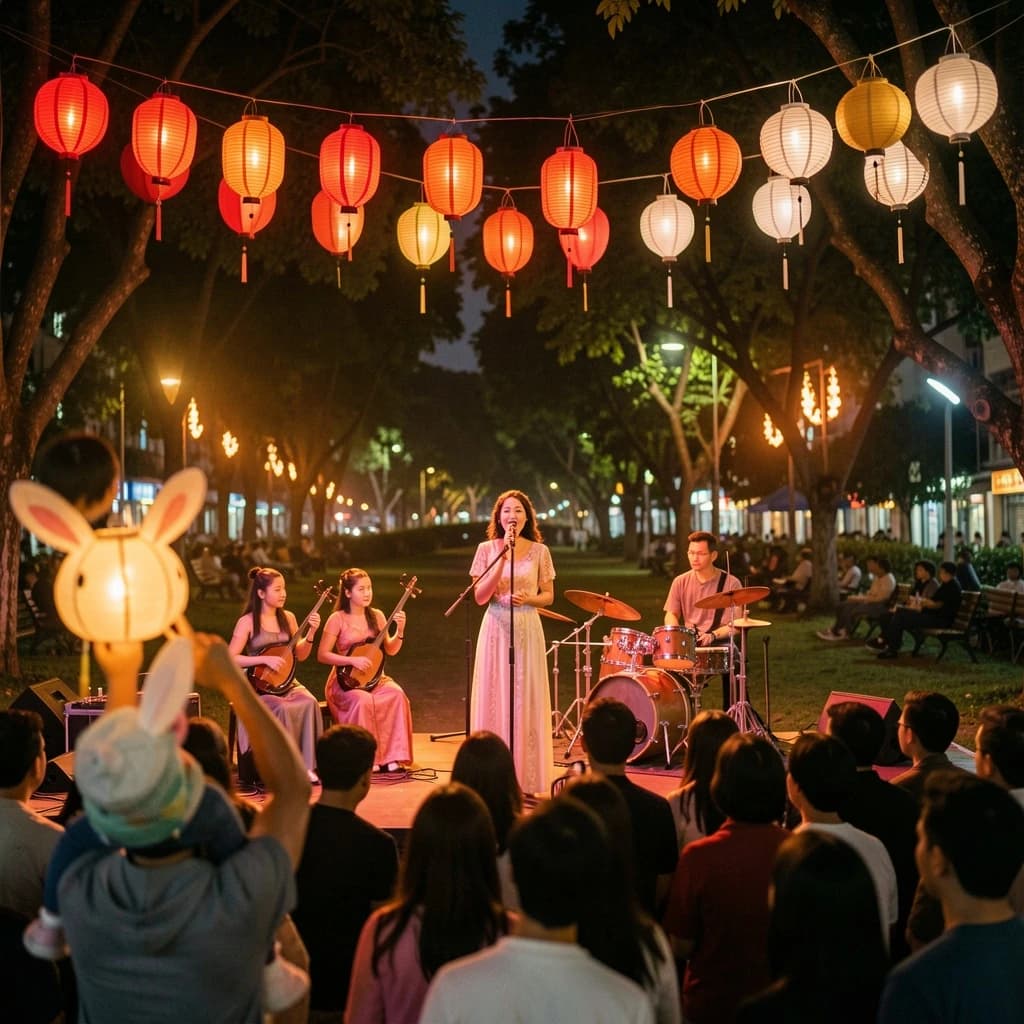 Concert photography, a Mid-Autumn Festival night in a Hong Kong park, shot from inside the crowd toward a low stage lit by warm floods. A singer at the centre microphone holds a note with both hands off the stand; on her left two erhu players sit side by side, on her right a single drummer stands. Eleven paper lanterns hang above the stage, the seven red ones strung in a line and the four white ones clustered at the right end. In the near foreground, out of focus, a child on a father's shoulders holds a rabbit lantern.