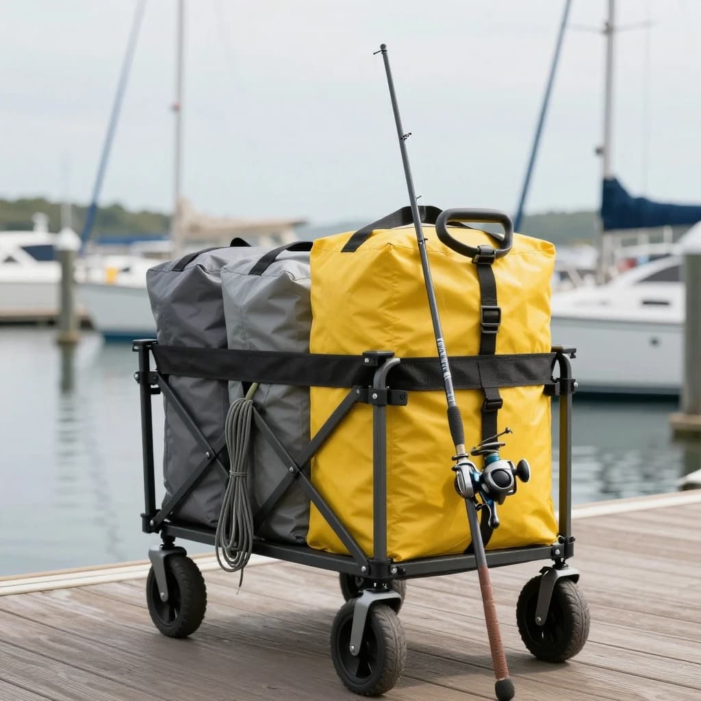 Lifestyle listing photo on a marina dock: a folding dock cart holding three dry bags, the largest yellow and the two smaller ones grey, two fishing rods leaning against the handle, and one coiled dock line hanging from the front rail. Masts blurred behind.