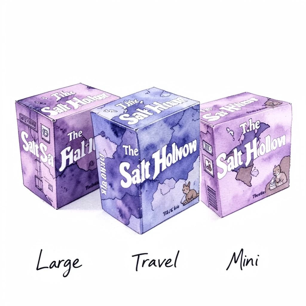 Watercolor of the same board-game box drawn in three editions, captioned "Large", "Travel" and "Mini", every edition carrying the wordmark "The Salt Hollow" in the same purple-and-white coloring, only the box size changing.