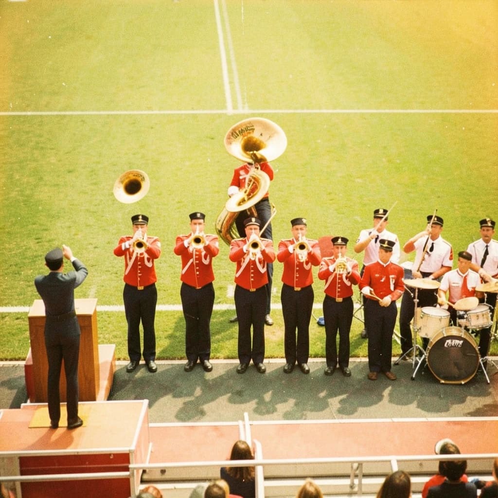 Nineteen seventies Kodachrome-era colour film look, faded warm grain and slight overexposure: a high school marching band seen from a stadium walkway. Front rank of five trumpet players in red and white uniforms, all with horns raised. Behind them three sousaphones in a triangle, the middle player caught mid turn. A line of four drummers to the right, the snare drummer nearest the camera mid stroke. A single drum major stands on a podium at the far left with his back to us, arms up. Empty green field behind them.
