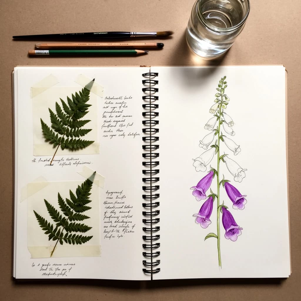An open spiral notebook shot from directly above, its pages filled with careful botanical illustration in ink and watercolor. On the left page, three pressed fern fronds taped down with handwritten notes beside each one. On the right page, a half-finished study of a foxglove stalk carrying five bells, the bottom two painted purple and the top three still bare outlines. A brush, two pencils and a jar of water sit above the notebook, and the wire spiral throws a shadow into the gutter.