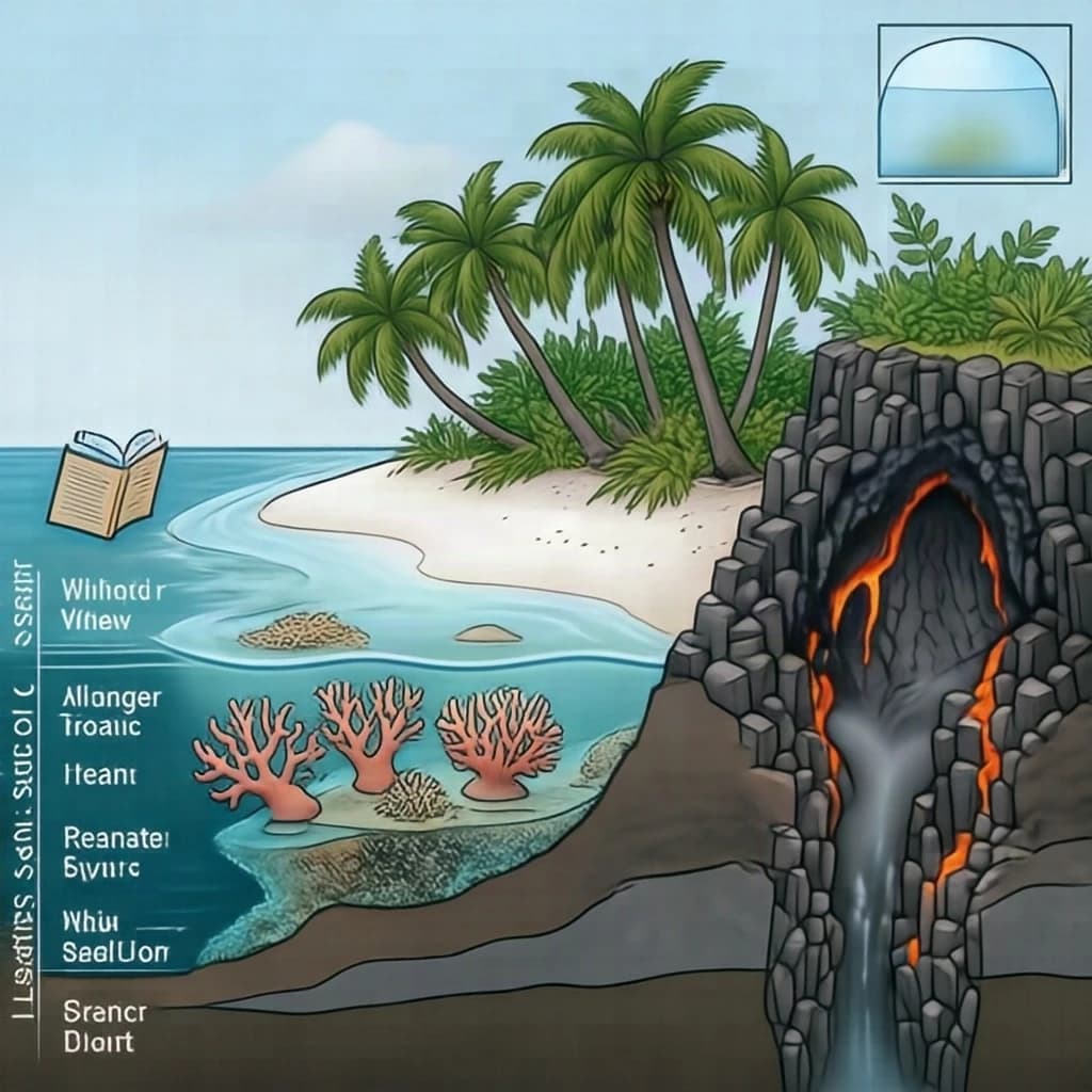 Cross section of a volcanic tropical island as a flat academic figure with clean colour blocks and a horizontal sea level line. Reading from the ocean on the left toward the right: a fringing reef crest, a shallow lagoon holding three coral heads, a white sand beach, a coconut palm belt of five trees, then a rising basalt cone with two lava layers picked out in darker grey, and a freshwater lens drawn as a pale blue dome under the middle of the island. Below sea level the flanks drop in three stepped terraces to a flat deep floor. Eight leader line labels, a depth scale down the left edge, and a small locator inset in the top right.