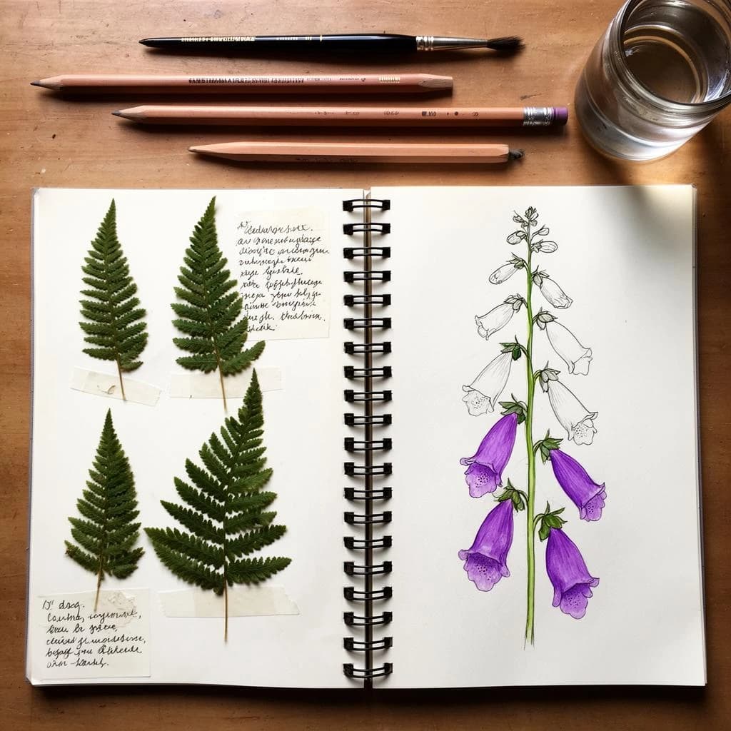 An open spiral notebook shot from directly above, its pages filled with careful botanical illustration in ink and watercolor. On the left page, three pressed fern fronds taped down with handwritten notes beside each one. On the right page, a half-finished study of a foxglove stalk carrying five bells, the bottom two painted purple and the top three still bare outlines. A brush, two pencils and a jar of water sit above the notebook, and the wire spiral throws a shadow into the gutter.