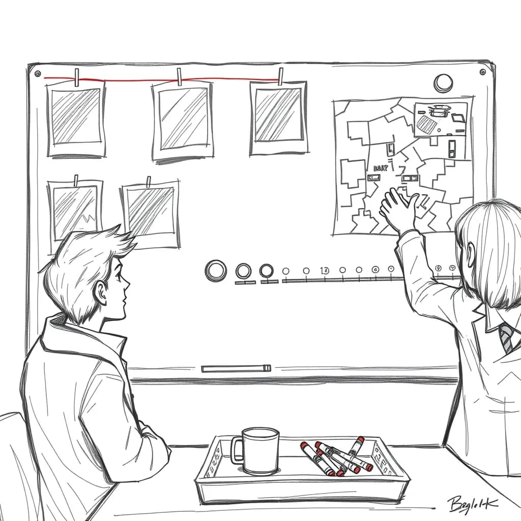 Rough storyboard panel in loose graphite sketch style for a detective game cutscene. A precinct whiteboard fills the wall: six pinned photographs in two rows of three, red string linking the leftmost photo of the top row to the middle photo of the bottom row and on to a map tacked at the right edge. Three magnets hold a timeline strip along the bottom of the board. In front of it two detectives, the seated one pointing at the map while the standing one wipes the upper right corner clean with her sleeve. A mug and four markers sit in the tray, one marker uncapped. Quick hatching, smudged shading, no color.