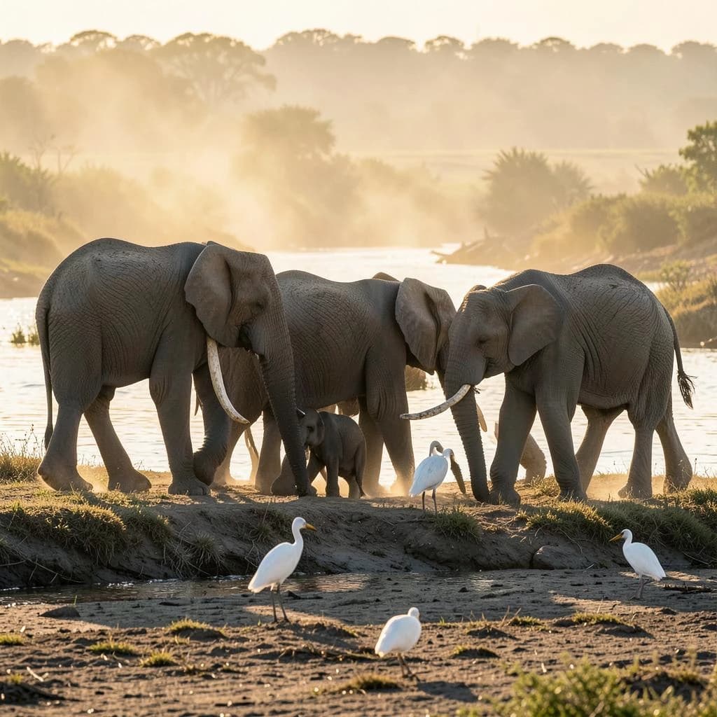 Wildlife photograph for a conservation campaign: a herd crossing a dusty riverbed in low sun. Seven elephants walking left to right, three adults flanking on the outside and two calves tucked between them, one adult trailing at the rear with a broken tusk, and the lead matriarch already up the far bank. Four egrets on the ground, only two of them near the calves. Long shadows, dust haze, nothing written in frame.