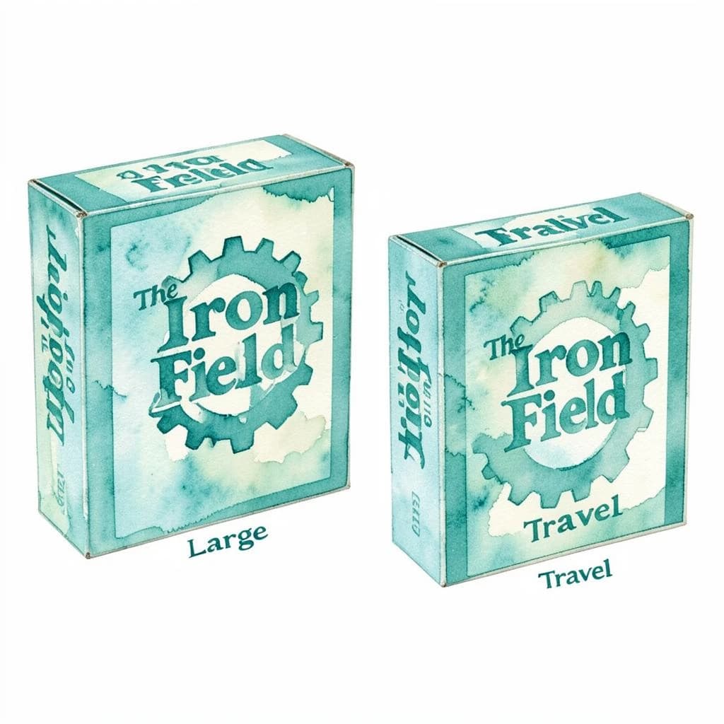 Watercolor: one board-game box in two editions. The editions are captioned "Large" and "Travel" in that order. The wordmark "The Iron Field" appears on every edition with a six-tooth gear mark beside it. The teal-and-cream coloring is the same across every edition, and only the box size changes.