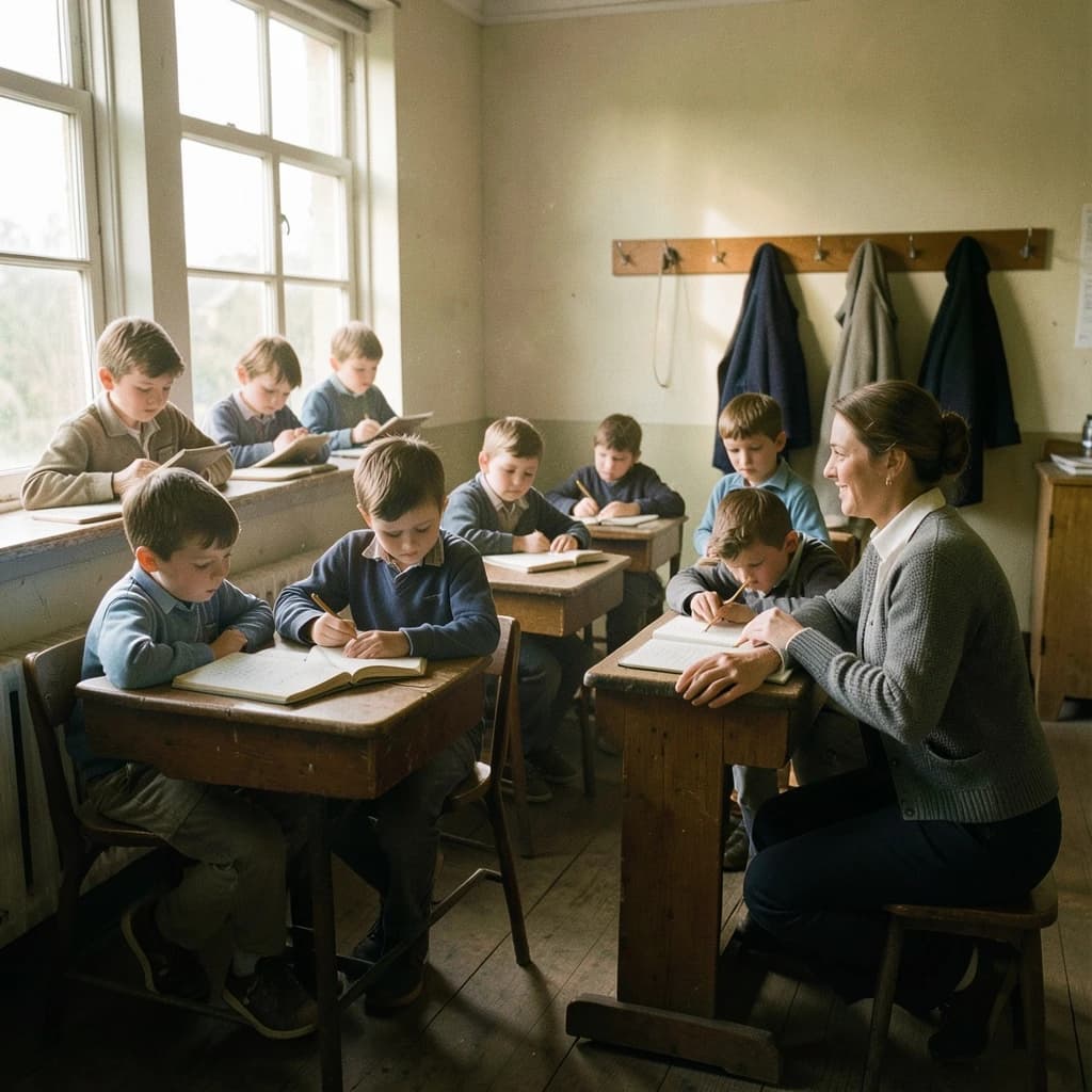 Documentary photograph inside a 1961 rural schoolhouse, late afternoon sun through tall windows. Twelve pupils at six shared wooden desks, two to a desk: the four in the window row copy from slates, the four in the middle row have open exercise books, the four along the back wall are turned around watching. The teacher, a woman in a grey cardigan with chalk dust on her sleeve, kneels beside the desk nearest the door, one hand steadying a boy's pencil. Four wall hooks behind her hold three coats, the middle hook bare. Warm dust in the light, fine grain, nobody posing.