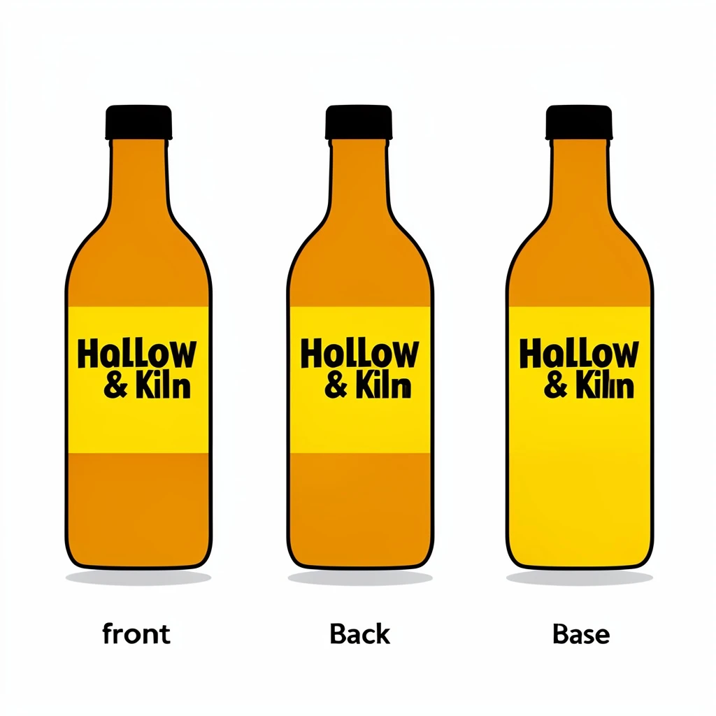 Flat vector illustration of the same hot-sauce bottle drawn in three views, captioned "front", "back" and "base", every view carrying the wordmark "Hollow & Kiln" in the same black-and-yellow coloring, only the angle changing.