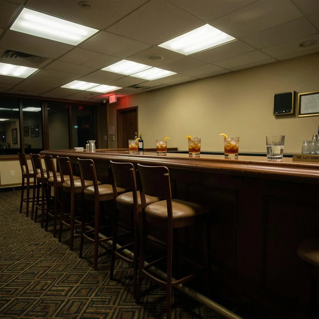 Liminal space photograph of a hotel bar at four in the morning, humming fluorescent ceiling panels, patterned carpet running off frame, nobody in sight. Eleven identical barstools stand in one unbroken row along the counter, only the fifth pulled out and turned. Three finished old fashioneds sit spaced along the bar, each down to melted ice and a single orange peel, and a fourth glass, freshly poured and still clear, waits at the far end beside a small brass sign reading "THE LATE ROOM".