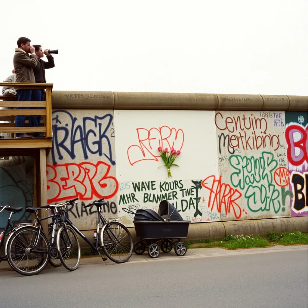 Shot on 1970s Kodachrome era color film, warm grain and slightly faded reds. A stretch of the Berlin Wall on a grey afternoon, covered in overlapping graffiti with one clean unpainted panel in the middle. Three people stand on a wooden viewing platform at the left, two of them looking over the top through binoculars while the third has turned back toward the camera with a cigarette. Four bicycles lean along the base of the wall, three upright and one fallen on its side. A pram is parked below the clean panel with a small bunch of tulips wedged into a crack above it. No cars in the frame.
