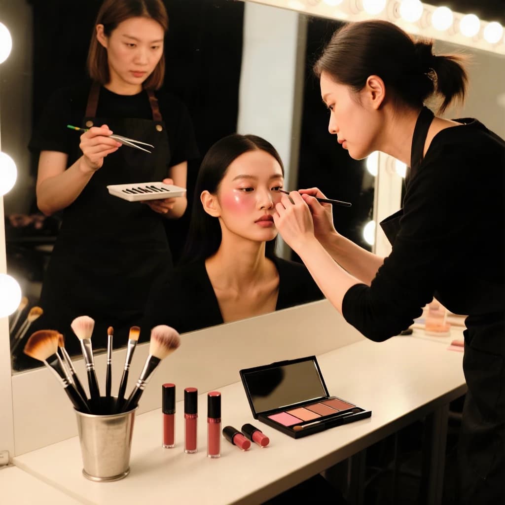 Fashion photograph at a backstage vanity lit by a ring light. A makeup artist in a black apron leans in from the right and blends cream blush into a seated model's cheekbone with her fingers, while a second artist standing behind them holds a lash tray in one hand and tweezers in the other, mid pick. On the counter between them: six brushes standing bristle up in a metal cup, three lipstick bullets lying in a row with their caps off beside them, and one open palette showing two used shades and four untouched. Warm skin tones, glossy highlights, shallow depth of field.