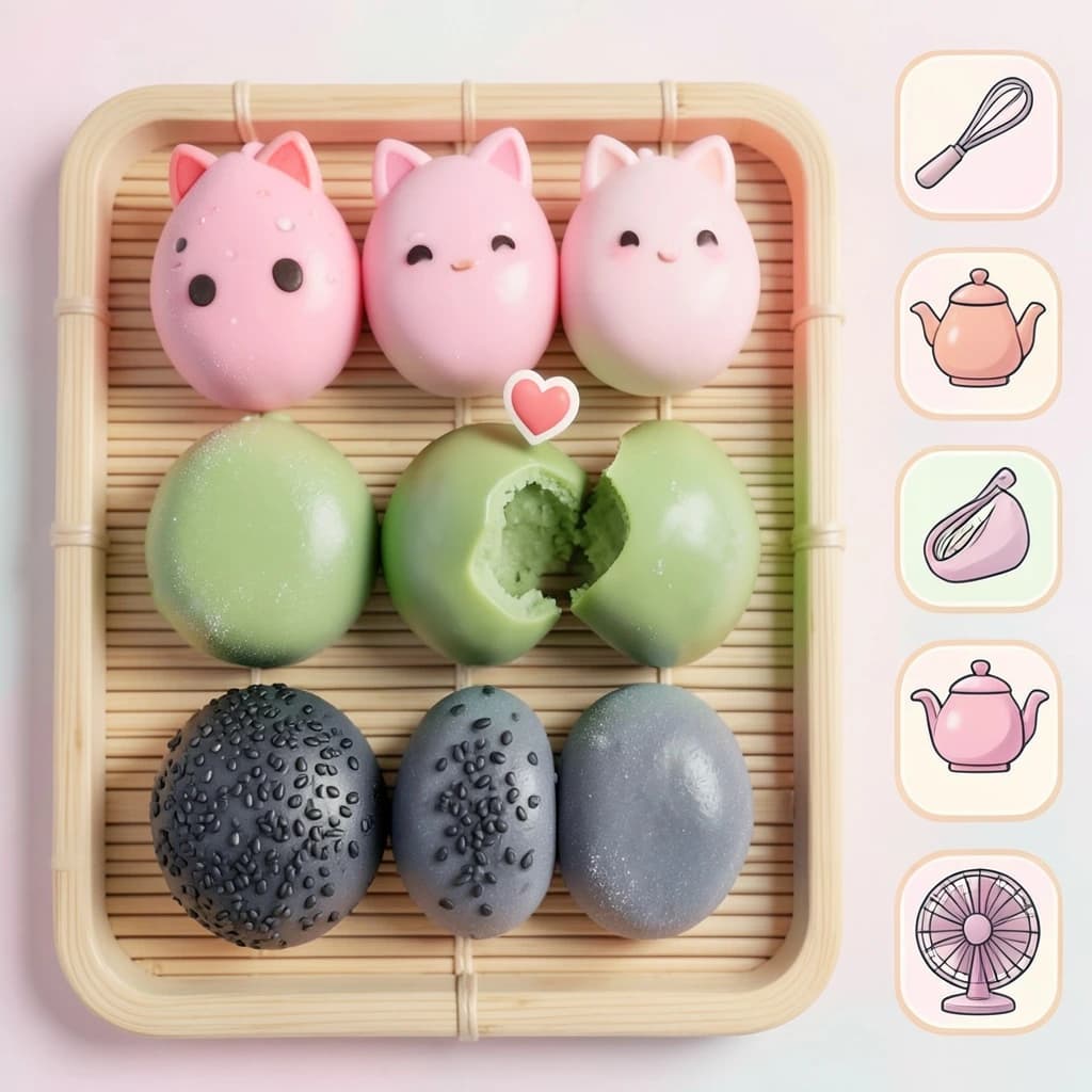 Match three board for a cozy sweets game, cute stylized 3D animation look. Nine mochi in a three by three grid on a bamboo tray: the top row strawberry pink, the middle row matcha green, the bottom row black sesame grey. The center green one has a bite taken out and a small heart icon floating above it. Two of the pink mochi wear tiny cat ears. To the right of the tray, a vertical strip of three power up icons, a whisk, a teapot and a fan. Soft pastel lighting, glossy dusted surfaces.