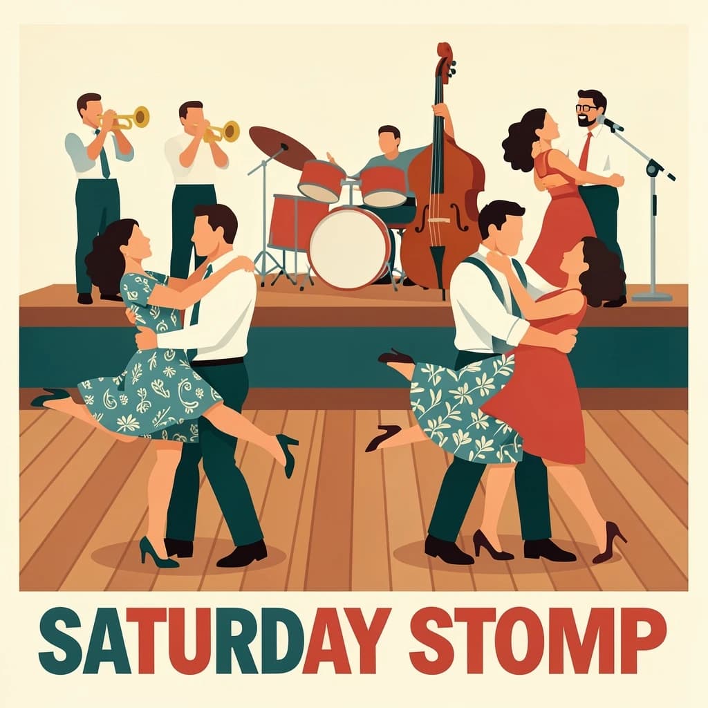 Flat design poster for a swing dance night. Four couples on a wooden floor, each caught in a different move: the front couple in a lift with the follower's feet off the ground, behind them a couple in a side by side kick, a third couple joined by one hand mid spin, and a fourth couple frozen in a dip near the back wall. All followers wear patterned dresses, all leaders wear braces and rolled sleeves. On a low stage behind them, a five piece band: two trumpets, a double bass, a drummer and a singer at a chrome microphone. Bold flat shapes, cream, teal and tomato red. "Saturday Stomp" in chunky letters along the bottom.