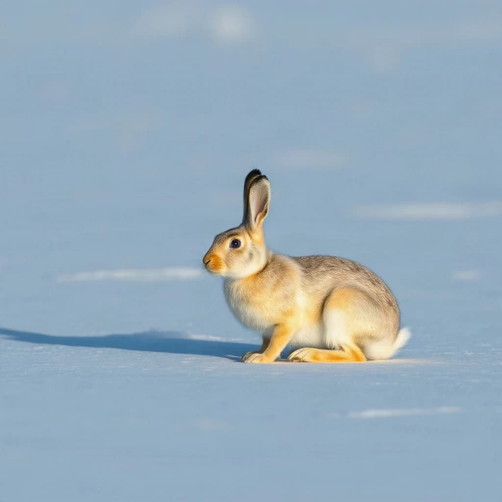 single arctic hare on smooth ice, noon