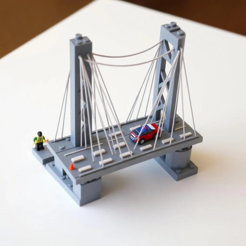 Product photograph of a plastic brick model of a suspension bridge on a white table, shot from a low three-quarter angle. Two grey towers, each with three cross braces between its legs, carry cables that sweep down to the deck with eight vertical hangers per span. The deck is two lanes wide with four small cars on it: two red in the near lane, one blue and one white in the far lane. A single figure in a yellow vest stands at the left tower base beside two orange cones. Soft even light, crisp stud edges, no printed logos anywhere.