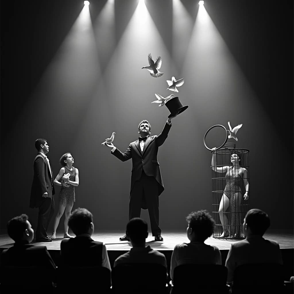 Black and white theatre still, harsh footlights raking up from below. A magician in tails stands centre stage releasing two doves from an upturned top hat, a third dove already perched on his left shoulder and a fourth settling on the wire cage at stage right. To his right an assistant in a sequined leotard holds a swaying hoop; to his left a boy in a bellhop uniform kneels holding the hat's velvet cover. In the front row, five silhouetted heads, only the second from the left leaning forward. Deep contrast, heavy silver grain, smoke drifting through the beams.