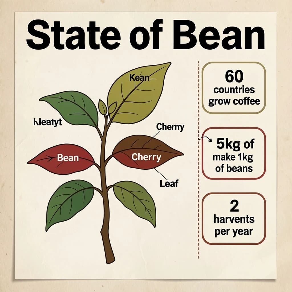 Printed poster titled "State of Bean": at the center a labeled coffee-plant diagram, carrying three keyed regions, "Bean" shaded brown, "Cherry" shaded red and "Leaf" shaded green, beside a right column of three stat chips reading "60 countries grow coffee", "5kg of cherries make 1kg of beans" and "2 harvests per year".