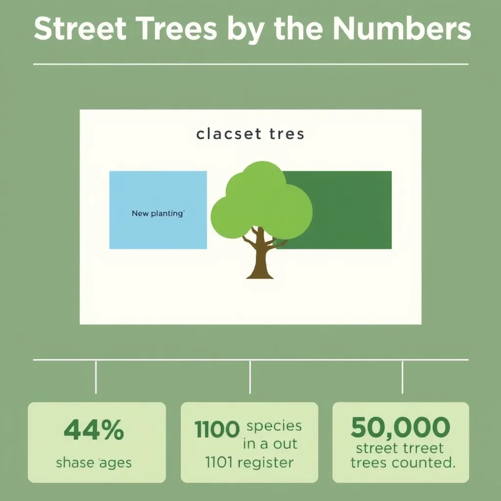 Flat infographic titled "Street Trees by the Numbers": at the center a labeled street-tree diagram, carrying two keyed regions, "New planting" shaded light blue and "Most trees" shaded dark green, beside a bottom row of three stat chips reading "44% shade coverage", "110 species in the register" and "51,000 street trees counted".