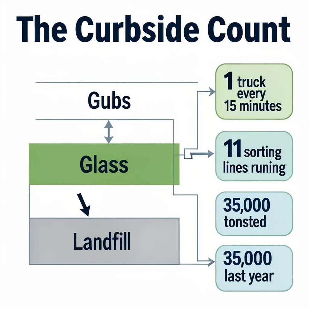 Printed poster titled "The Curbside Count": at the center a flow chart from curb to sorting floor, carrying two keyed regions, "Glass" shaded green and "Landfill" shaded gray, beside a right column of three stat chips reading "1 truck every 15 minutes", "11 sorting lines running" and "35,000 tons collected last year".