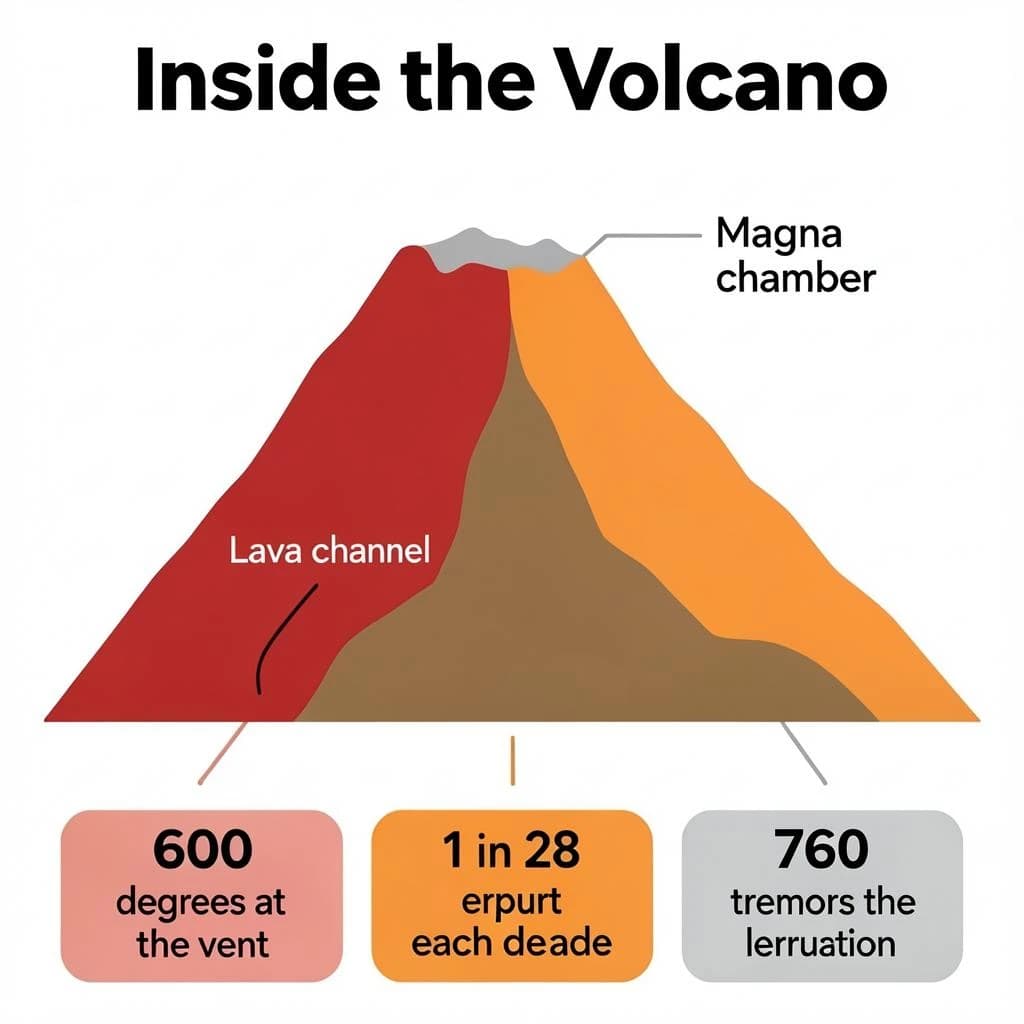 Flat infographic titled "Inside the Volcano". A simplified hazard map of the slopes sits at the center, carrying two keyed regions, "Lava channel" shaded red and "Magma chamber" shaded orange. Three stat chips run down a bottom row, reading "600 degrees at the vent", "1 in 28 erupt each decade" and "760 tremors before the last eruption". Each key color matches the shading of the region it names.