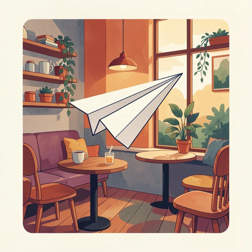Silkscreen print of a paper airplane inside a cozy cafe, layered wash, smooth vector finish, split-complementary palette.