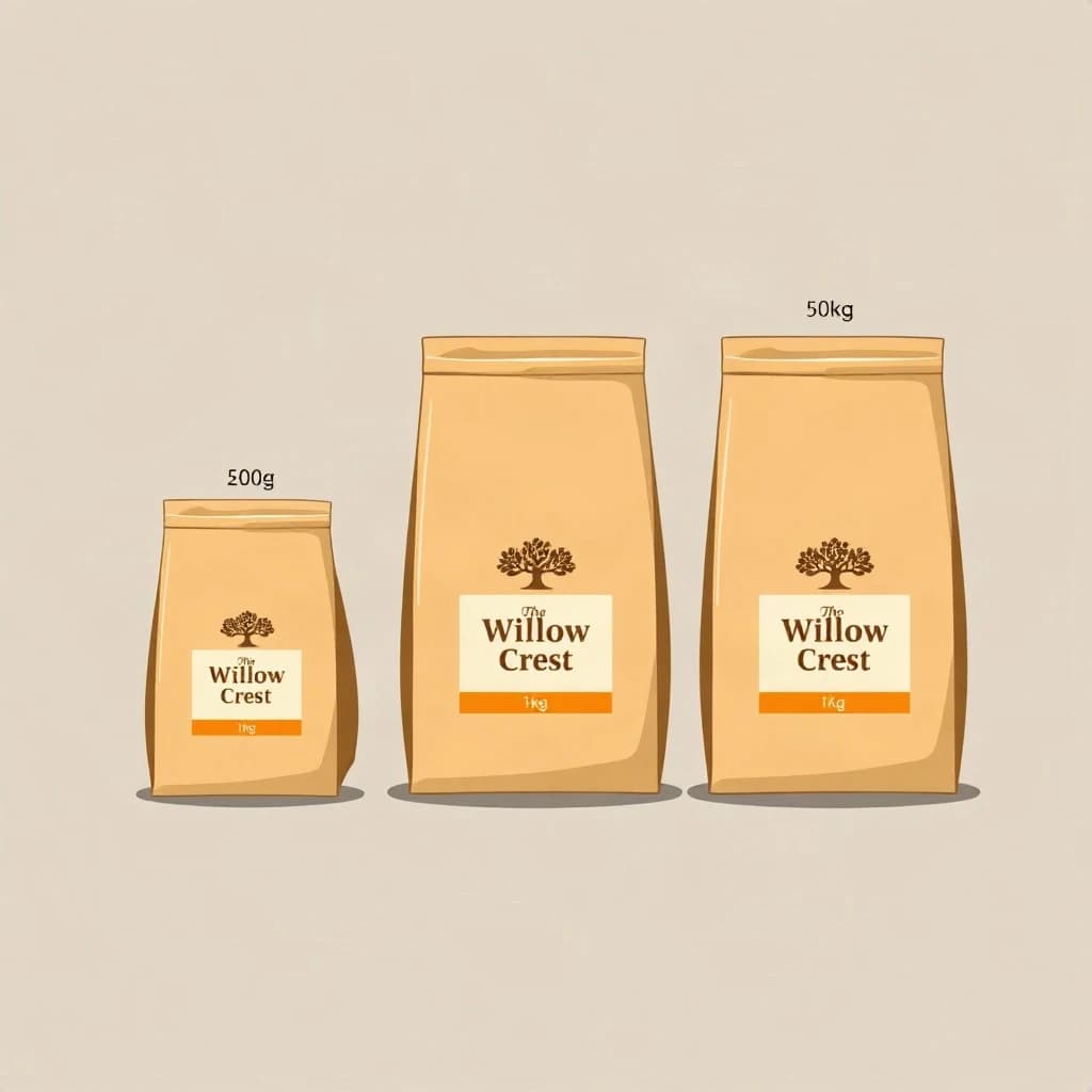 Flat vector illustration of the same coffee bag drawn in three sizes, captioned "1kg", "500g" and "250g", every size carrying the wordmark "The Willow Crest" in the same orange-and-brown coloring, only the bag size changing.