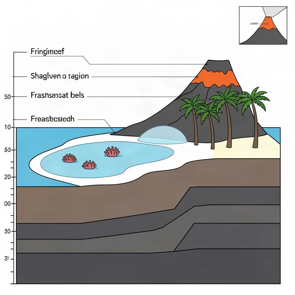 Cross section of a volcanic tropical island as a flat academic figure with clean colour blocks and a horizontal sea level line. Reading from the ocean on the left toward the right: a fringing reef crest, a shallow lagoon holding three coral heads, a white sand beach, a coconut palm belt of five trees, then a rising basalt cone with two lava layers picked out in darker grey, and a freshwater lens drawn as a pale blue dome under the middle of the island. Below sea level the flanks drop in three stepped terraces to a flat deep floor. Eight leader line labels, a depth scale down the left edge, and a small locator inset in the top right.