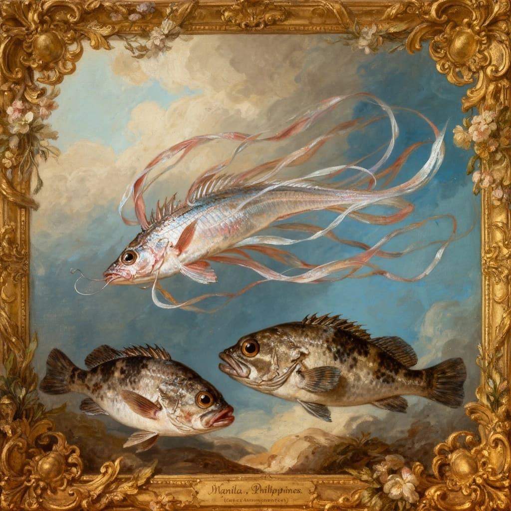 Ribbonfish and Tautog in Manila, Philippines in the style of rococo