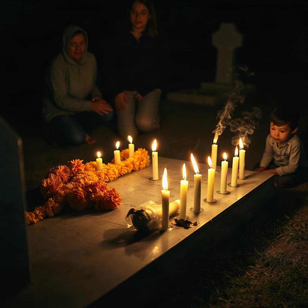 Photojournalism frame from a cemetery vigil at night: one grave slab carrying seven marigold garlands and nine lit candles, three of the candles guttered out and smoking, a grandmother and two children kneeling along the near edge.