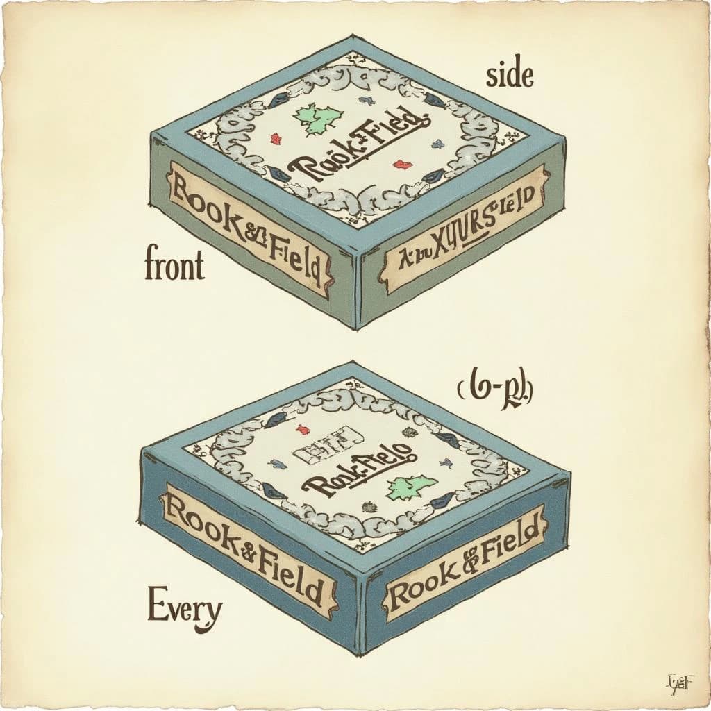 Printed poster of the same board-game box drawn in two views, captioned "front" and "side", every view carrying the wordmark "Rook & Field" with a single leaf mark beside it in the same blue-and-silver coloring, only the angle changing.