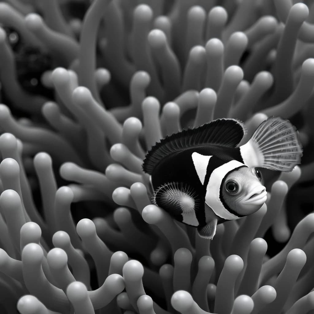 Greenling and Clown Anemone Fish in Bucharest, Romania in the style of black and white