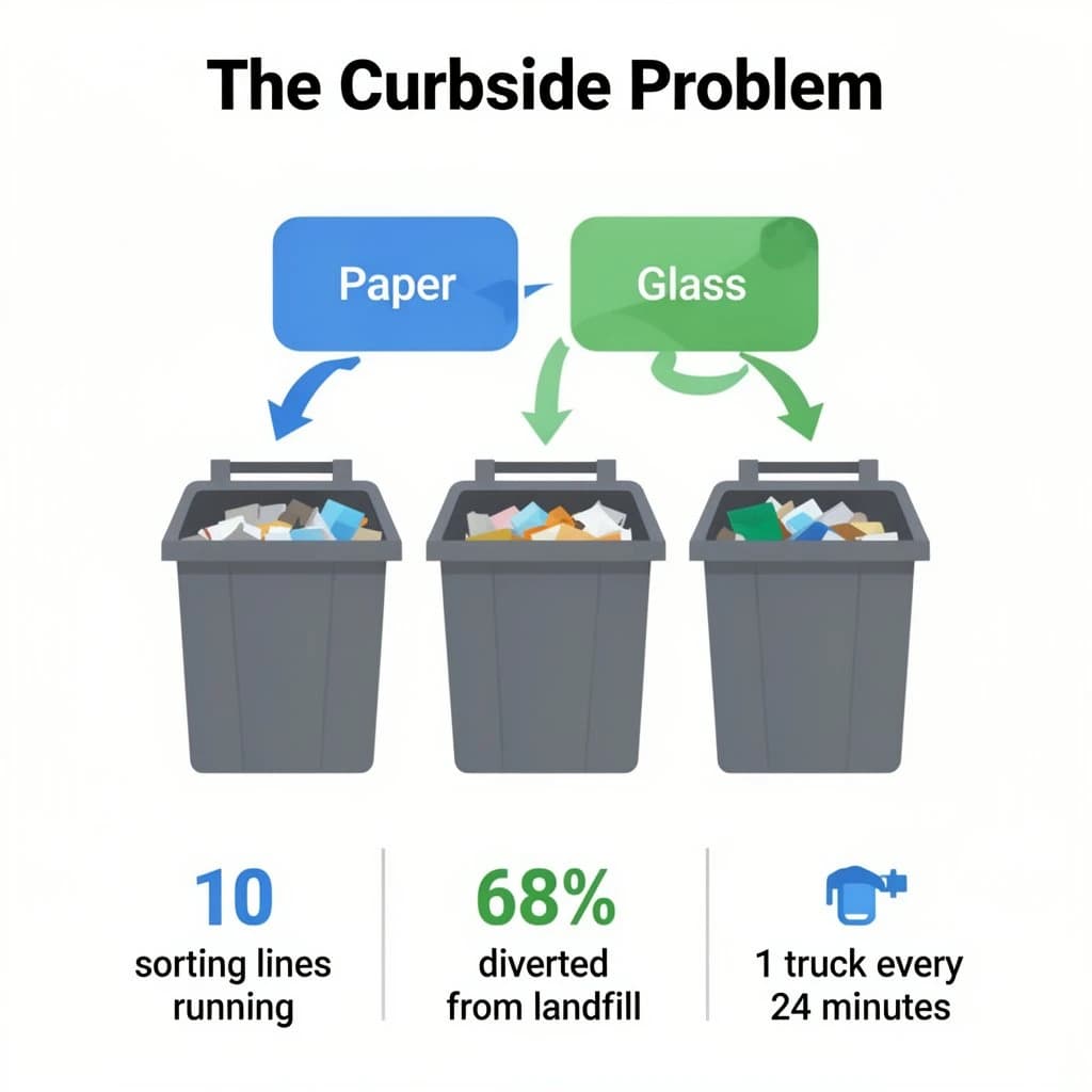 Flat vector illustration titled "The Curbside Problem". Three sorting bins with arrows to their destinations sits at the center, carrying two keyed regions, "Paper" shaded blue and "Glass" shaded green. Three stat chips run down a bottom row, reading "10 sorting lines running", "68% diverted from landfill" and "1 truck every 24 minutes". Each key color matches the shading of the region it names.