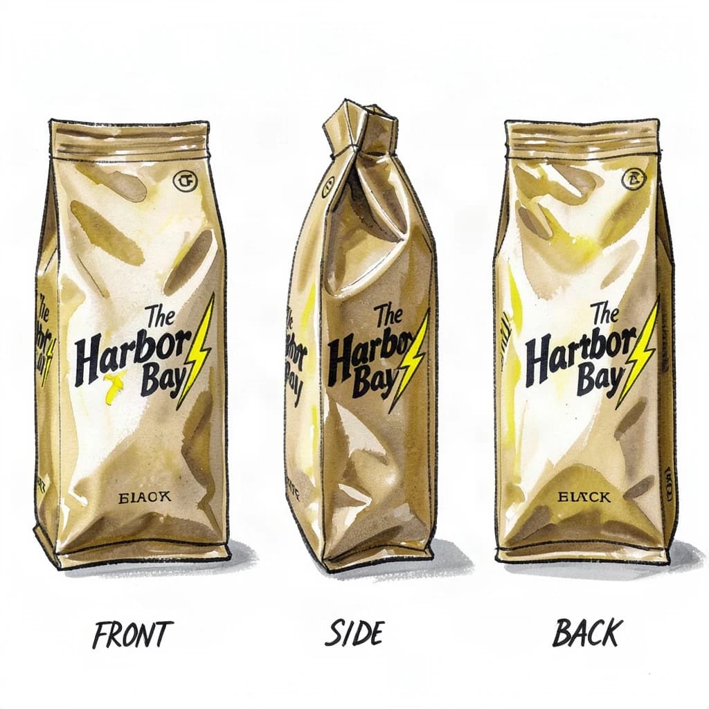 Gouache painting of the same coffee bag drawn in three views, captioned "front", "side" and "back", every view carrying the wordmark "The Harbor Bay" with a lightning-bolt symbol beside it in the same black-and-yellow coloring, only the angle changing.