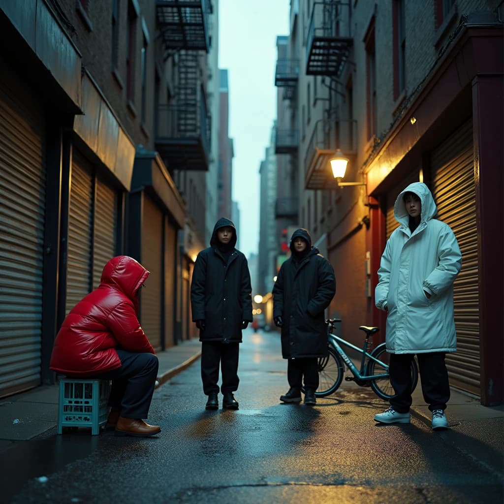 Cinematic photograph for a streetwear campaign, shot straight down a narrow rain-slick alleyway at dusk. Four models spread through the depth of the frame: the nearest crouches on a milk crate in a red puffer, two stand mid-alley in matching black coats, one leaning on a roll-up shutter and one holding a lollipop, and the farthest stands under the single working lamp in white. Three of the six fire escapes above carry laundry lines; the rest are bare. A delivery bike lies on its side between the two middle models. Blurred street traffic only at the far end.