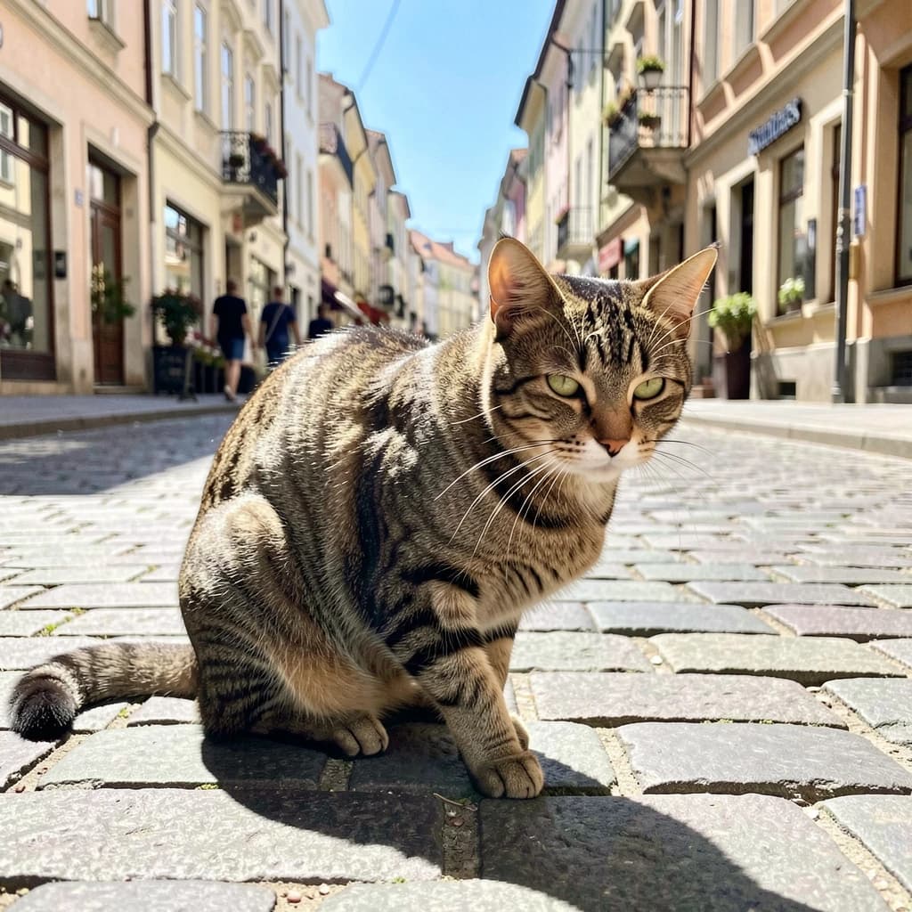 The instant a tabby cat gathers the color of the surrounding sky, on a cobblestone street, in bright midday sun.