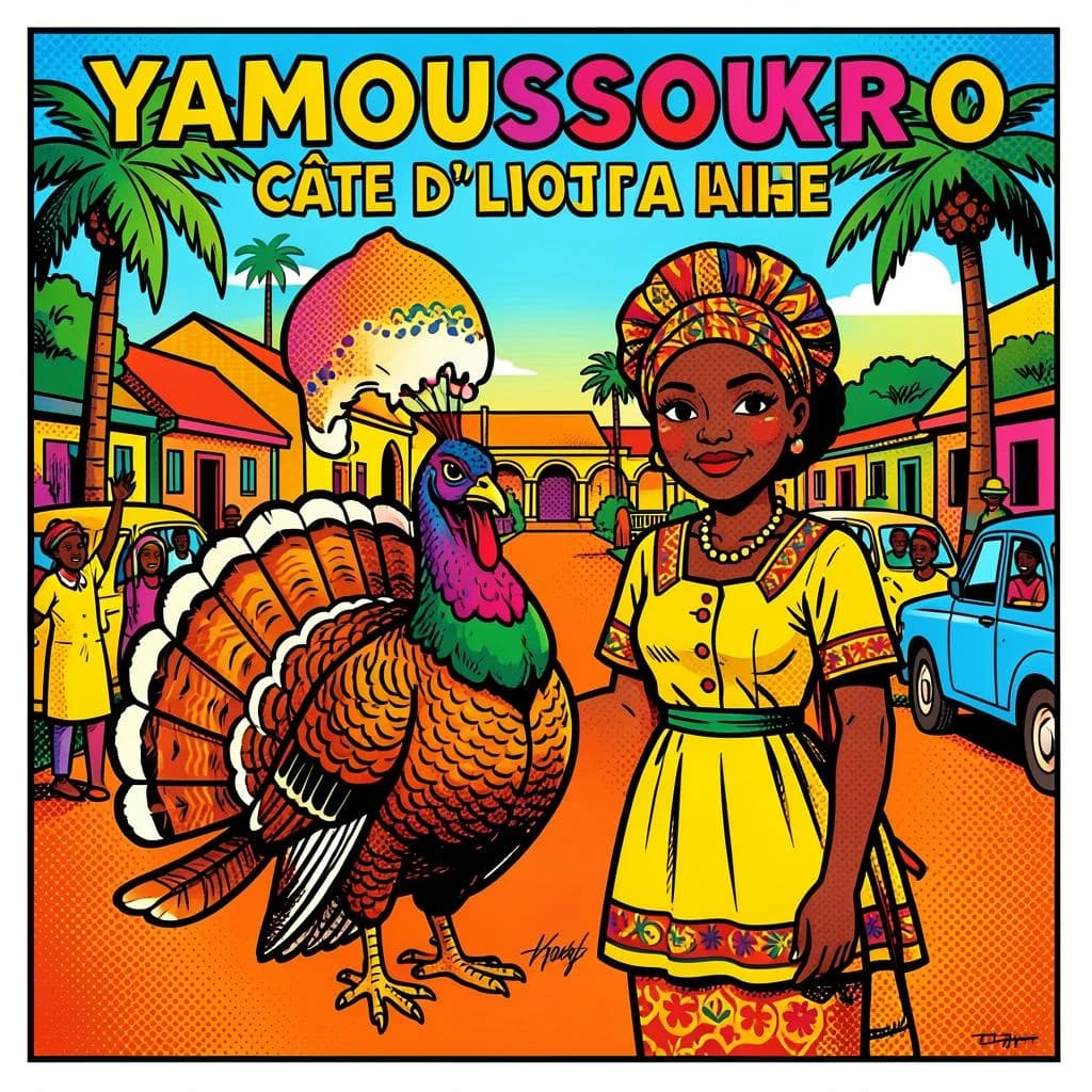 Turkey and Mollie in Yamoussoukro, Côte d'Ivoire in the style of pop art