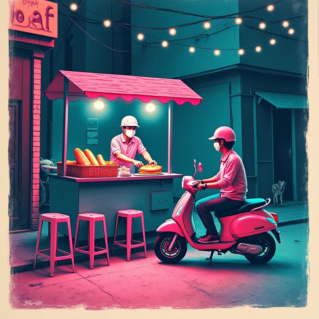 Two-color risograph print key art in fluorescent pink and teal with visible misregistration and paper grain, for a street food courier game. A night market alley: the banh mi cart at center with three baguettes standing upright in a basket and two more being sliced by the vendor, who hands one wrapped sandwich down to a courier straddling a scooter. Four plastic stools in front of the cart, three occupied and the one nearest the gutter tipped over. Two strings of bulbs cross overhead. A dog waits under the cart axle. The stall banner reads "Midnight Loaf".