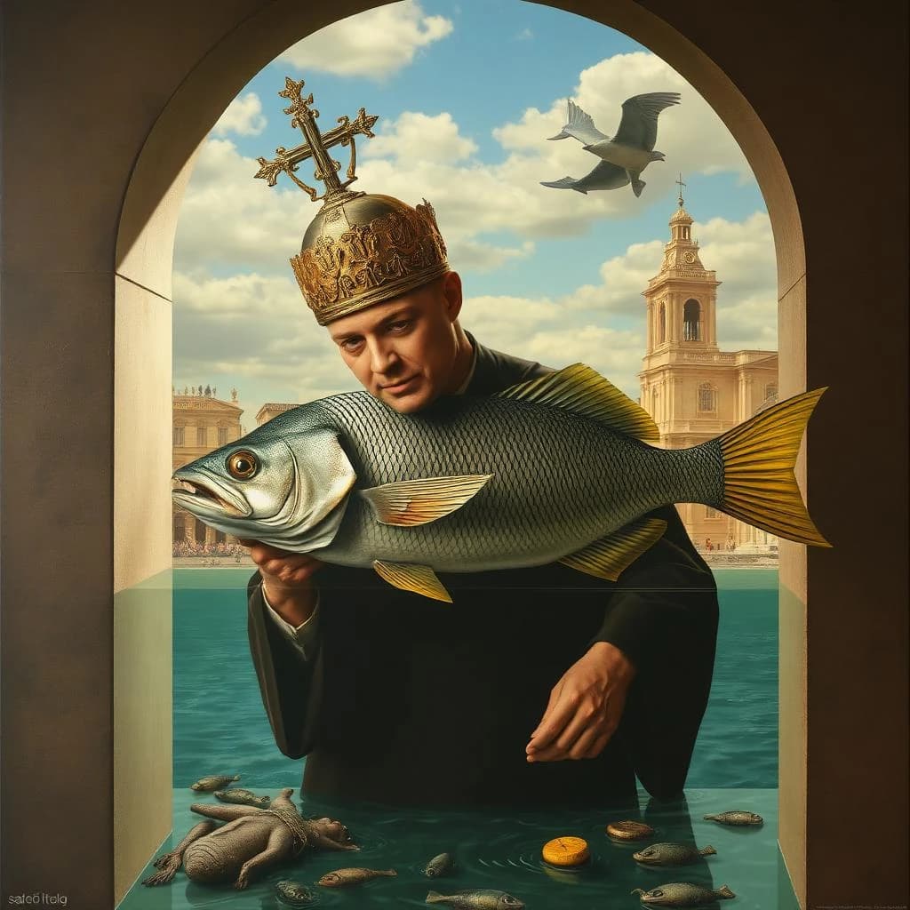 Scapular and Game Fish in Rome, Italy in the style of surrealist