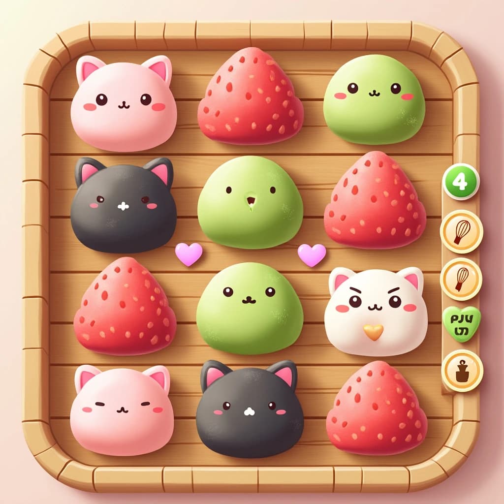 Match three board for a cozy sweets game, cute stylized 3D animation look. Nine mochi in a three by three grid on a bamboo tray: the top row strawberry pink, the middle row matcha green, the bottom row black sesame grey. The center green one has a bite taken out and a small heart icon floating above it. Two of the pink mochi wear tiny cat ears. To the right of the tray, a vertical strip of three power up icons, a whisk, a teapot and a fan. Soft pastel lighting, glossy dusted surfaces.