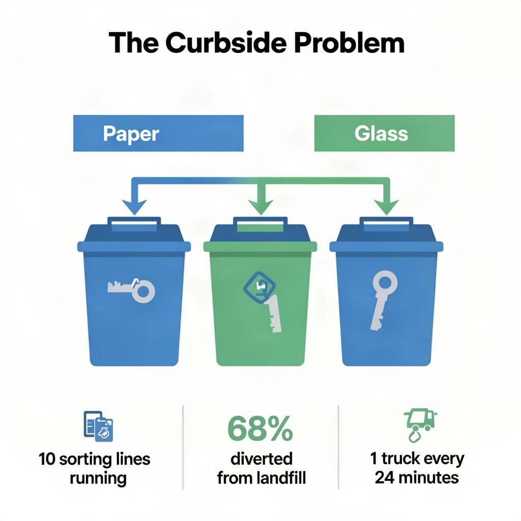 Flat vector illustration titled "The Curbside Problem". Three sorting bins with arrows to their destinations sits at the center, carrying two keyed regions, "Paper" shaded blue and "Glass" shaded green. Three stat chips run down a bottom row, reading "10 sorting lines running", "68% diverted from landfill" and "1 truck every 24 minutes". Each key color matches the shading of the region it names.